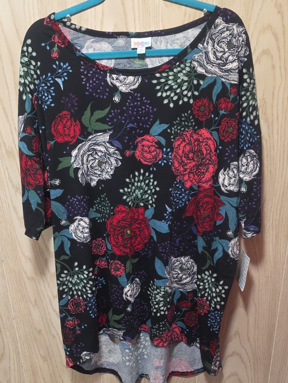 LuLaRoe Black Irma Floral Tunic with Red, White, Green, Purple, And Coral